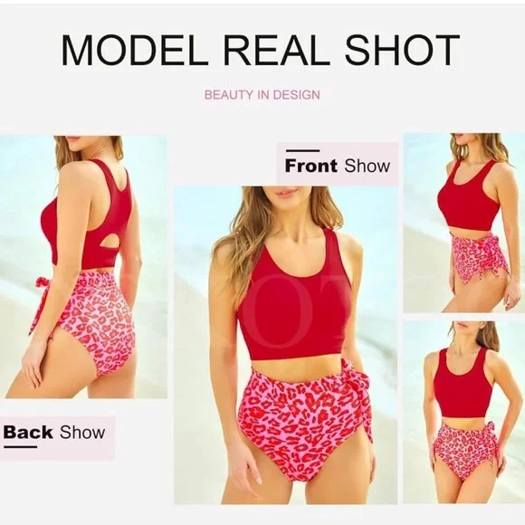 Fenomo Scoop Neck Racerback High Waisted Bikini Floral Print Red/Pink Sz M NWOT - Picture 4 of 5